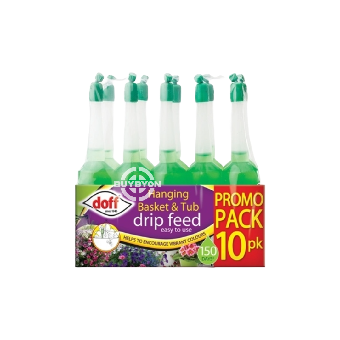 Doff Hanging Baskets &amp; Tub Drip Feed - 10 Pack, featuring a drip feed system designed to deliver essential nutrients directly to plant roots, promoting healthy growth and vibrant blooms in hanging baskets and tubs.