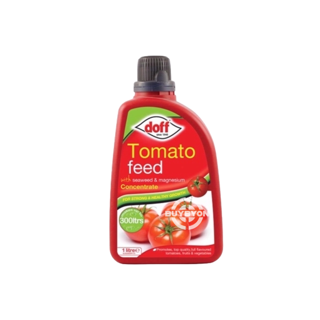 Doff Liquid Tomato Feed Concentrate - 1L, featuring a specially formulated concentrate designed to support optimal tomato growth, fruit development, and flavor, providing essential nutrients for a bountiful harvest.