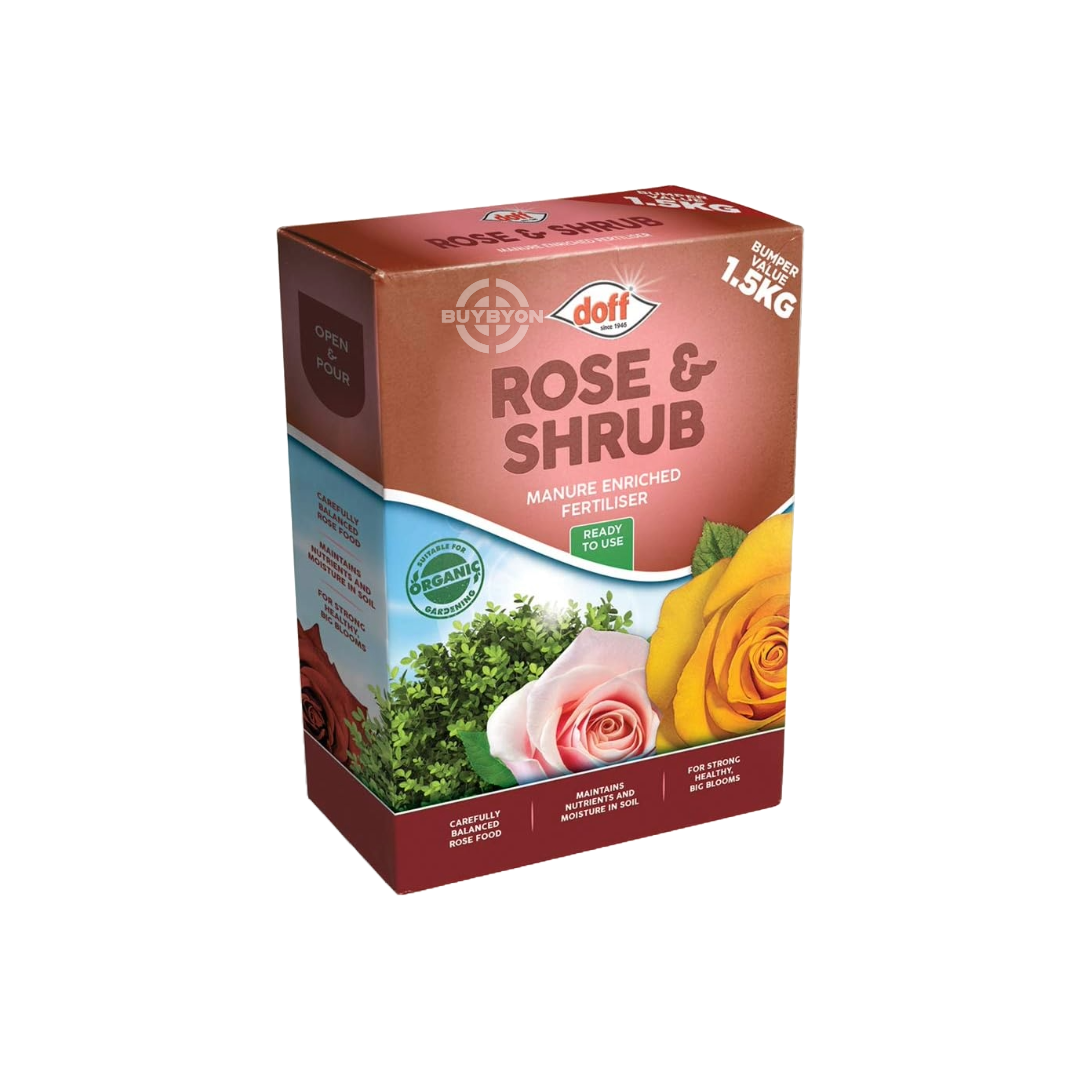 Doff Rose and Shrub Food - 1.5kg granular feed, designed to enhance blooming and promote healthy growth for roses and shrubs.