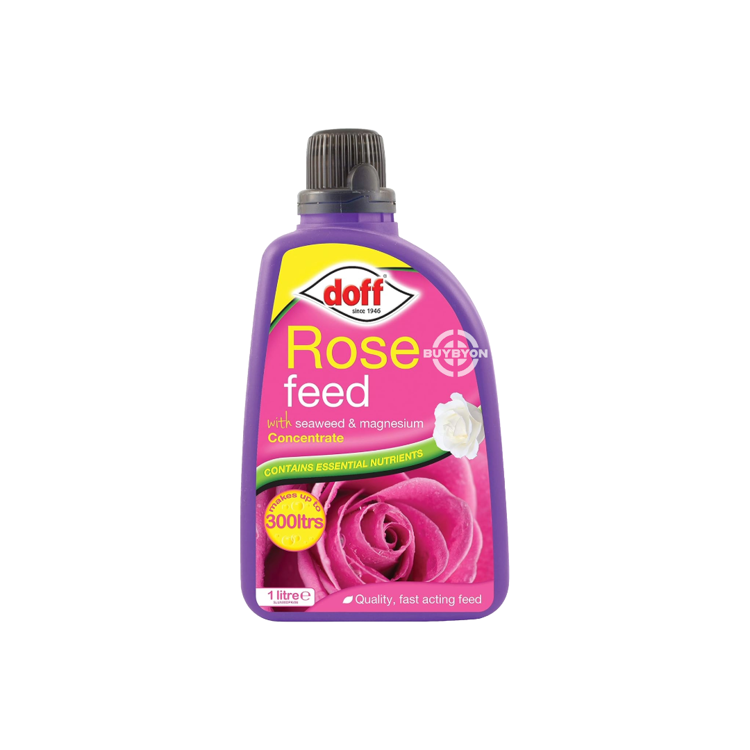 Doff Rose Feed Concentrate - 1L liquid feed, designed to enhance rose growth and blooming with essential nutrients for vibrant flowers.