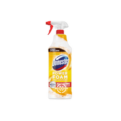 A 450ml bottle of Domestos Upside Down Spray Power Foam Citrus Blast, showcasing its ergonomic design and vibrant packaging, highlighting its powerful cleaning action and refreshing citrus scent.