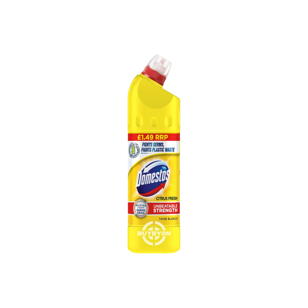 A 750ml bottle of Domestos Thick Bleach Citrus Fresh, showcasing its robust packaging and highlighting its powerful disinfecting properties and refreshing citrus scent.