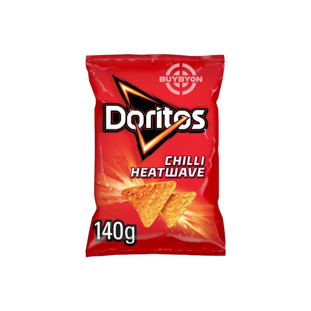 Doritos Chilli Heatwave Sharing Tortilla Chips - 140g pack, offering a spicy chilli seasoning on crispy tortilla chips. Great for sharing or solo snacking.