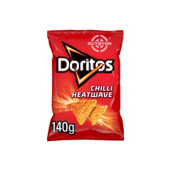 Doritos Chilli Heatwave Sharing Tortilla Chips - 140g pack, offering a spicy chilli seasoning on crispy tortilla chips. Great for sharing or solo snacking.