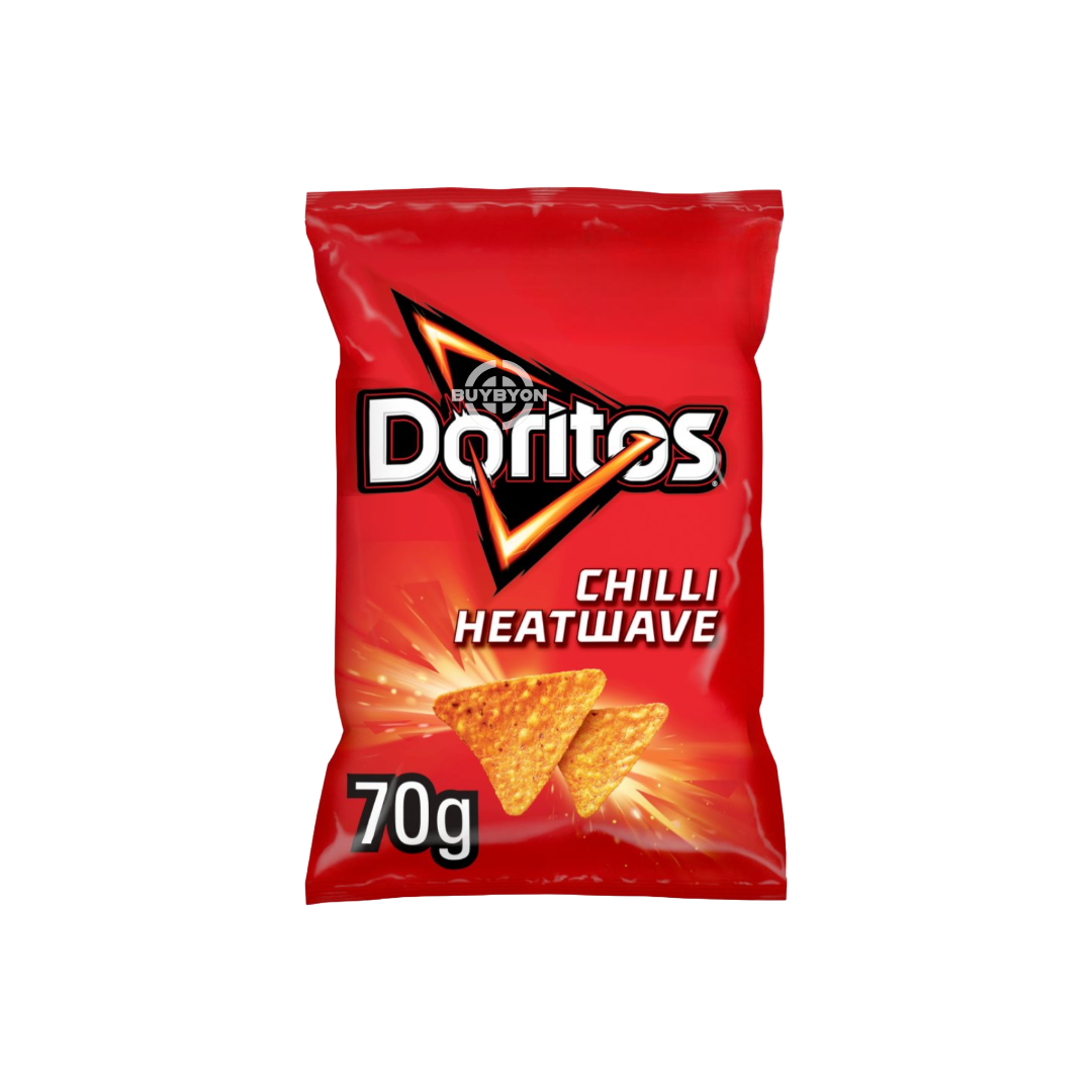 Doritos Chilli Heatwave Tortilla Chips - 70g pack, featuring spicy chilli seasoning on crunchy tortilla chips. Ideal for a quick and fiery snack.