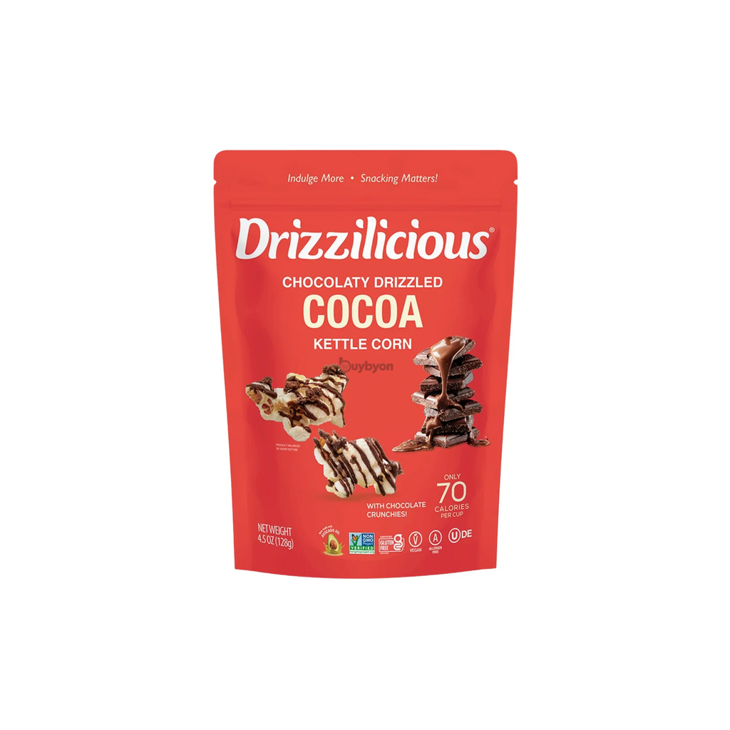 A red stand-up pouch of Drizzilicious Chocolate Drizzled Cocoa Kettle Corn on a plain white background.