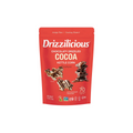 A red stand-up pouch of Drizzilicious Chocolate Drizzled Cocoa Kettle Corn on a plain white background.