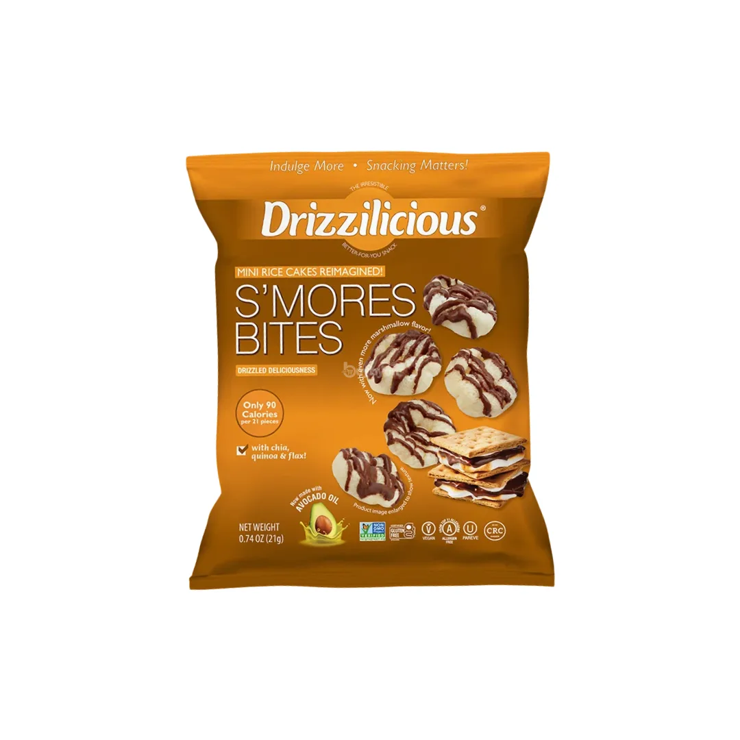 A bag of Drizzilicious S'mores Bites (Vanilla Chocolate Chip) on a solid white background.
