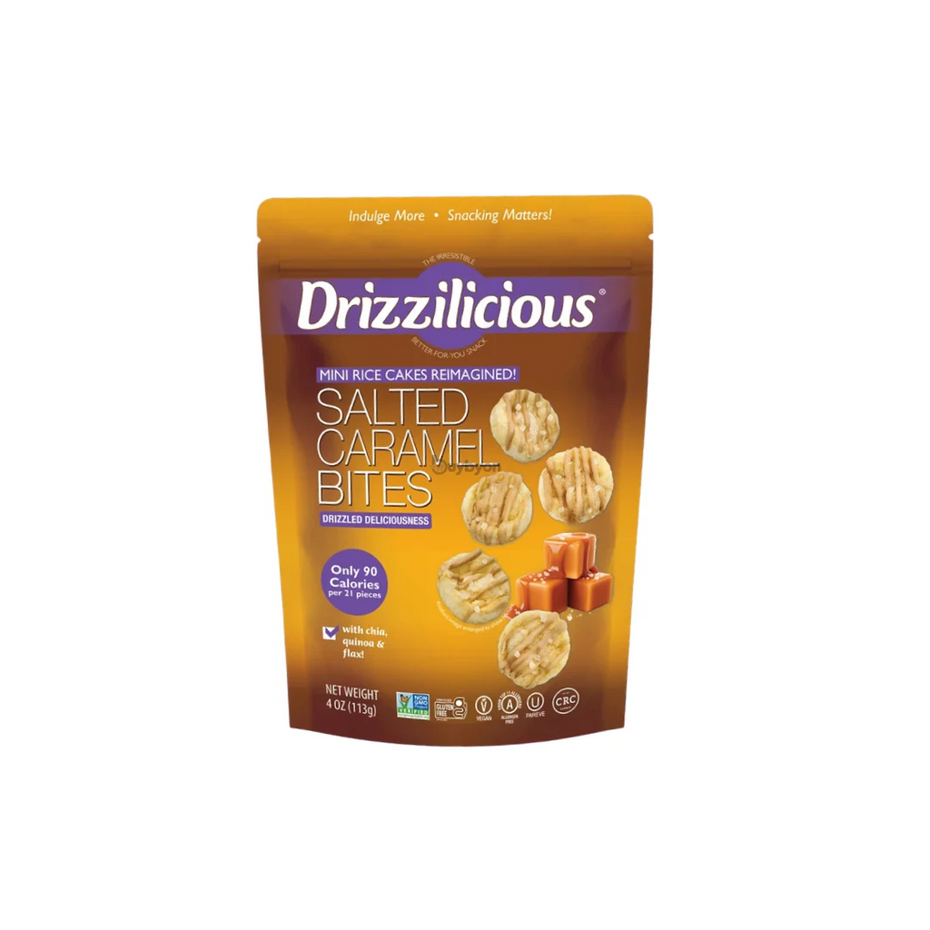 A stand-up pouch of Drizzilicious Salted Caramel Bites mini rice cakes, featuring a brown and gold design with product imagery and the Drizzilicious brand logo.
