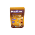 A stand-up pouch of Drizzilicious Salted Caramel Bites mini rice cakes, featuring a brown and gold design with product imagery and the Drizzilicious brand logo.