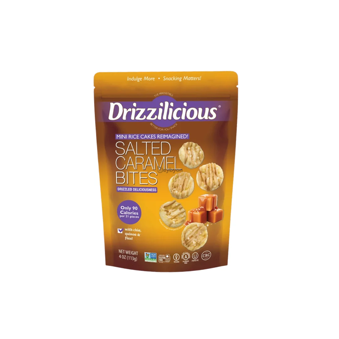 A stand-up pouch of Drizzilicious Salted Caramel Bites mini rice cakes, featuring a brown and gold design with product imagery and the Drizzilicious brand logo.