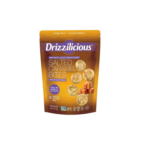A stand-up pouch of Drizzilicious Salted Caramel Bites mini rice cakes, featuring a brown and gold design with product imagery and the Drizzilicious brand logo.