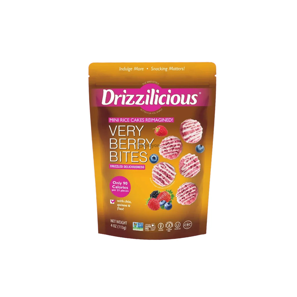 A stand-up pouch of Drizzilicious Very Berry Bites mini rice cakes rehaged, featuring a golden-brown design with pink and white branding and illustrations of berry-covered rice cakes.