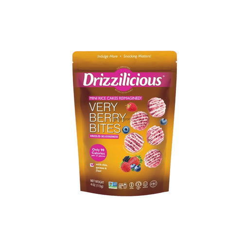 A stand-up pouch of Drizzilicious Very Berry Bites mini rice cakes rehaged, featuring a golden-brown design with pink and white branding and illustrations of berry-covered rice cakes.