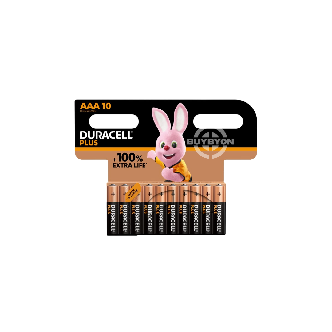 Duracell Plus AAA Batteries - 10 pack, providing reliable and long-lasting power for various devices. Ideal for everyday electronics with consistent performance and durability.