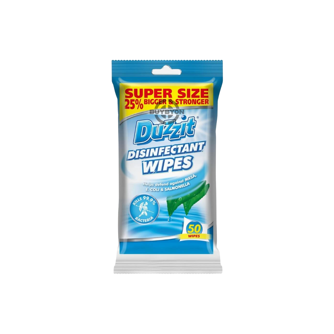 Duzzit Disinfectant Wipes - 50 pack, designed for effective cleaning and disinfection. Ideal for various surfaces, offering convenience and thorough hygiene.