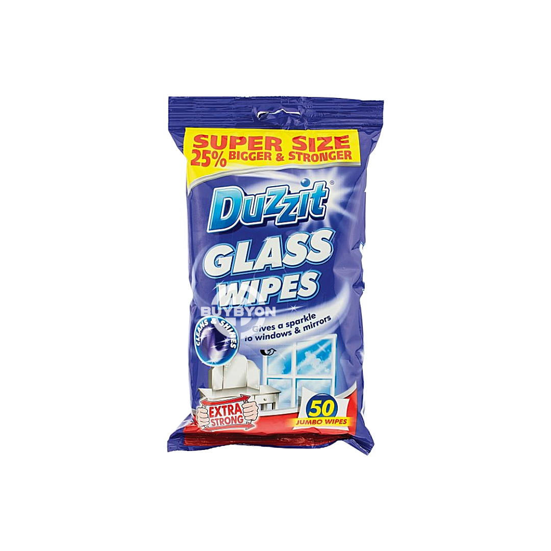 Duzzit Glass Wipes - 50 pack, pre-moistened wipes designed for streak-free cleaning of glass and mirrors, ensuring a clear and bright finish. Ideal for quick and convenient cleaning.