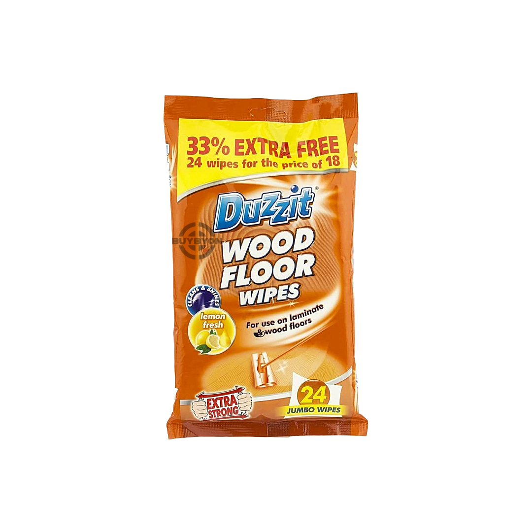 Duzzit Wooden Floor Wipes - 24 pack, designed for easy and effective cleaning of wooden floors. The wipes remove dust and grime, leaving a streak-free, shiny finish while nourishing and protecting the wood. Ideal for quick touch-ups and regular maintenance.