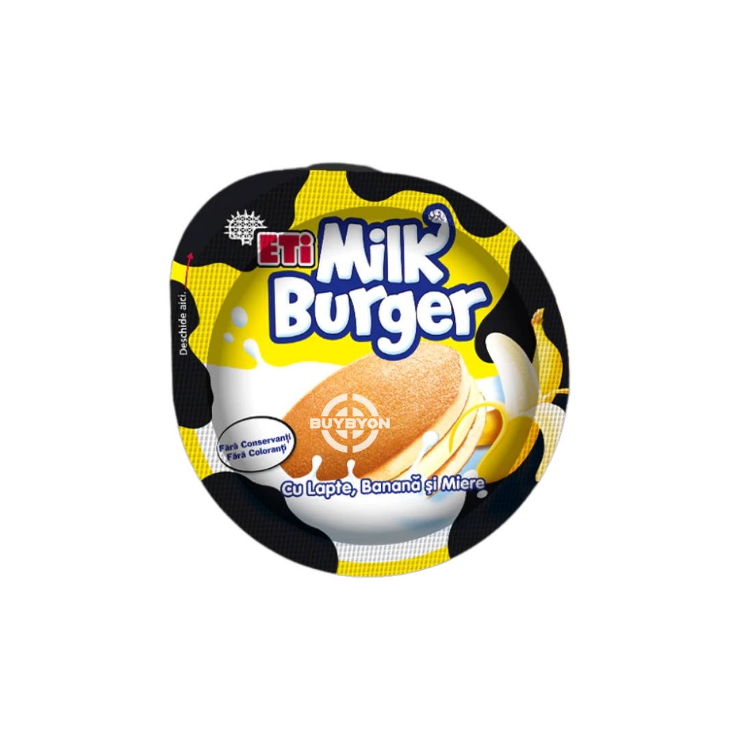 Eti Milk Burger Banana - 35g, a soft sponge cake with creamy banana filling in a fun “burger” shape, perfect for a sweet and fruity snack.