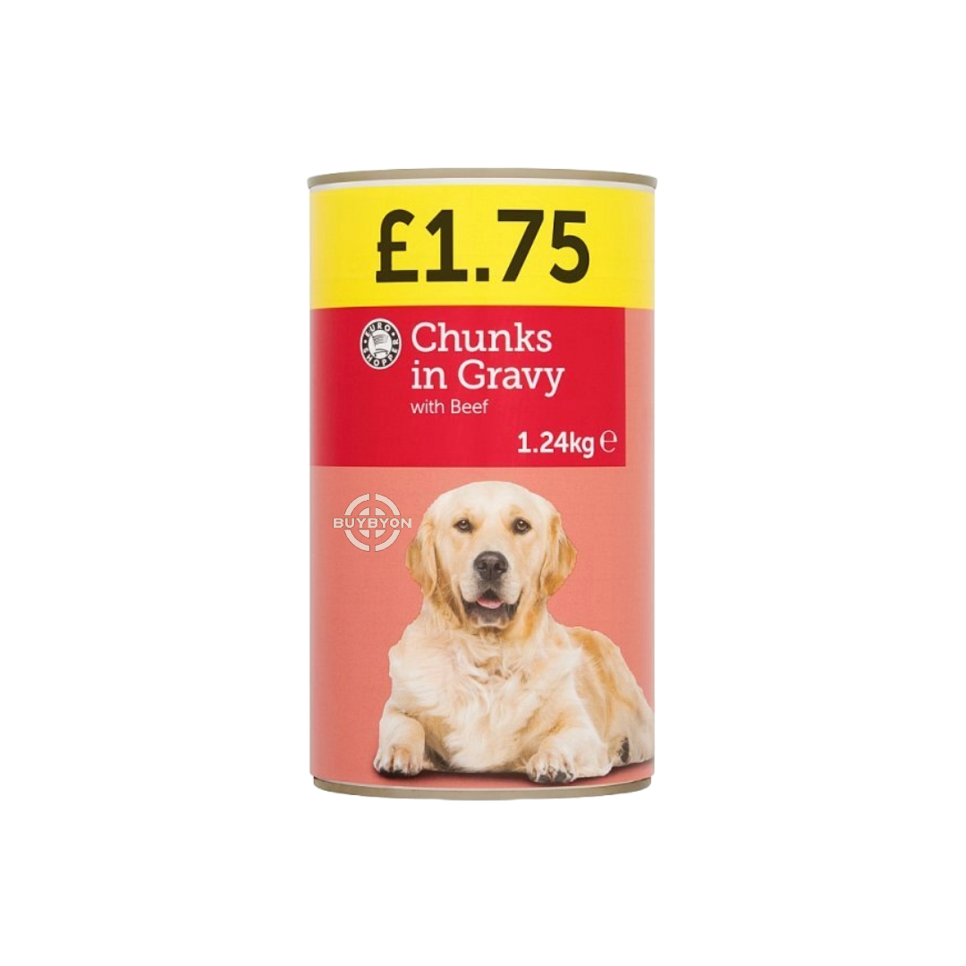 Euro Shopper Chunks in Gravy with Beef - 1.24kg pack, featuring tender beef chunks in rich gravy for a nutritious and satisfying dog meal, available at Buybyon.co.uk