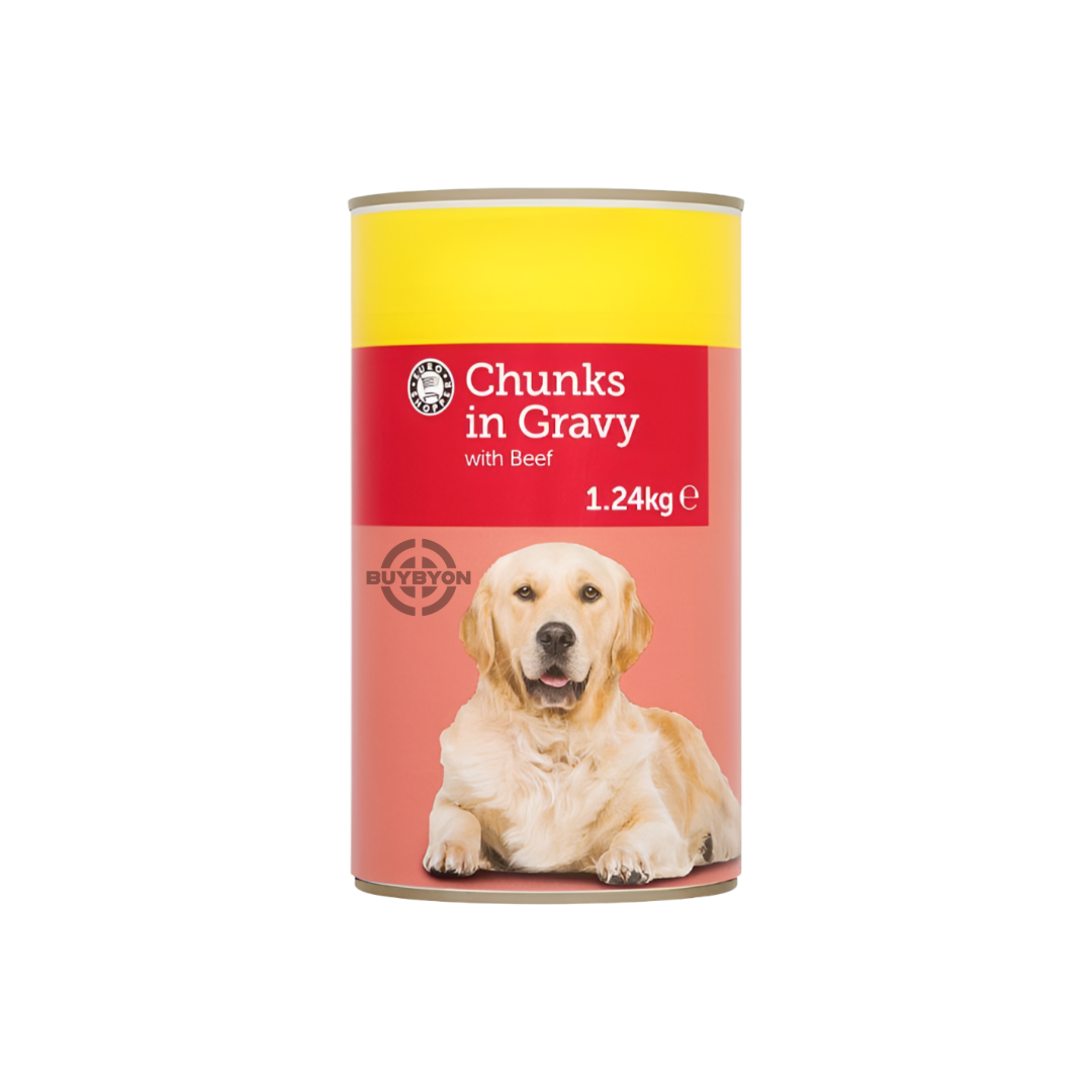 Euro Shopper Chunks in Gravy with Chicken - 1.24kg pack, featuring tender chicken chunks in a rich gravy. Ideal for providing a nutritious and tasty meal for dogs. Available across the UK at Buybyon.