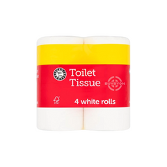 A pack of Euro Shopper Toilet Tissue featuring 4 rolls, highlighting its soft, absorbent quality and cost-effective value.