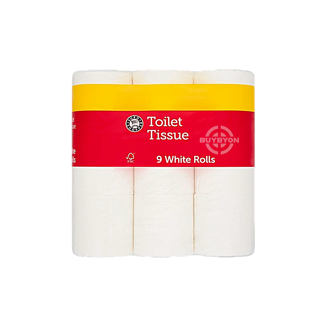 A pack of Euro Shopper Toilet Tissue featuring 9 rolls, showcasing its soft, absorbent quality and value for money.