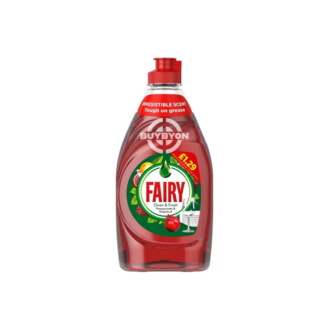 A 320ml bottle of Fairy Clean &amp; Fresh Washing Up Liquid Pomegranate &amp; Grapefruit, showcasing its vibrant packaging and highlighting its grease-cutting power and refreshing scent.