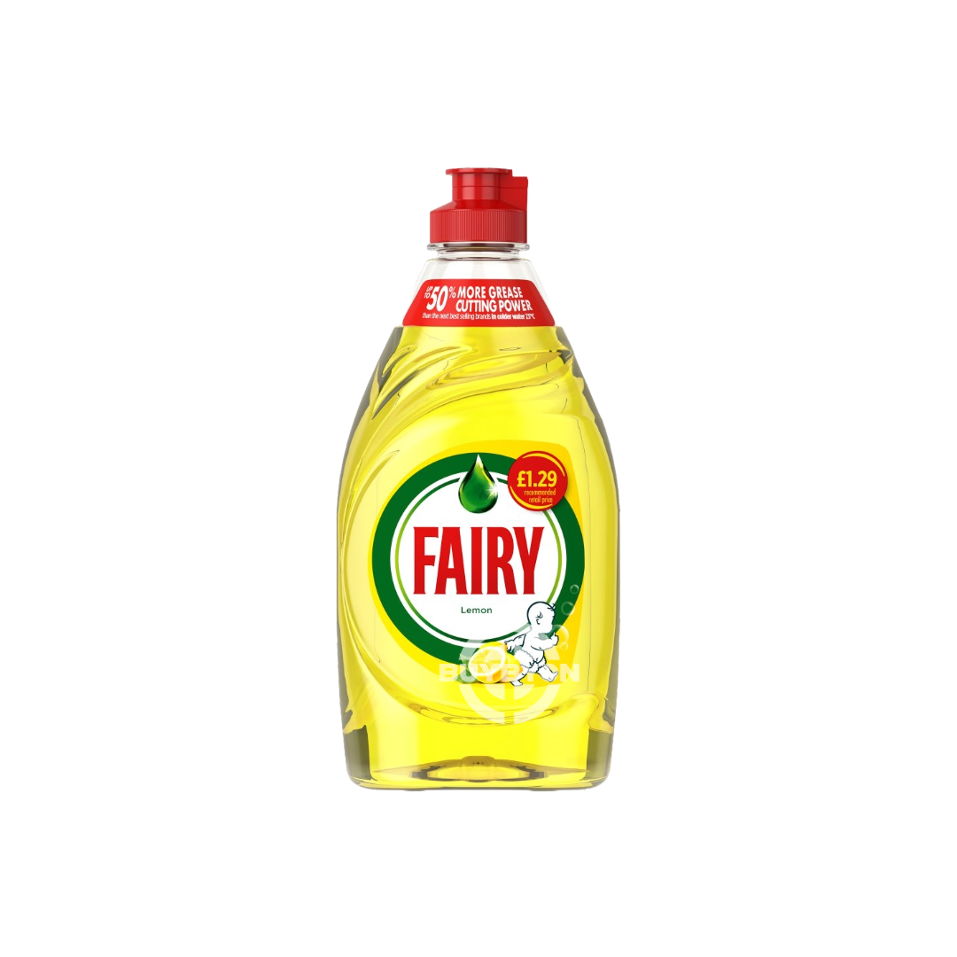 A 320ml bottle of Fairy Lemon Washing Up Liquid with LiftAction, showcasing its vibrant lemon-themed packaging and highlighting its grease-cutting power and refreshing scent.