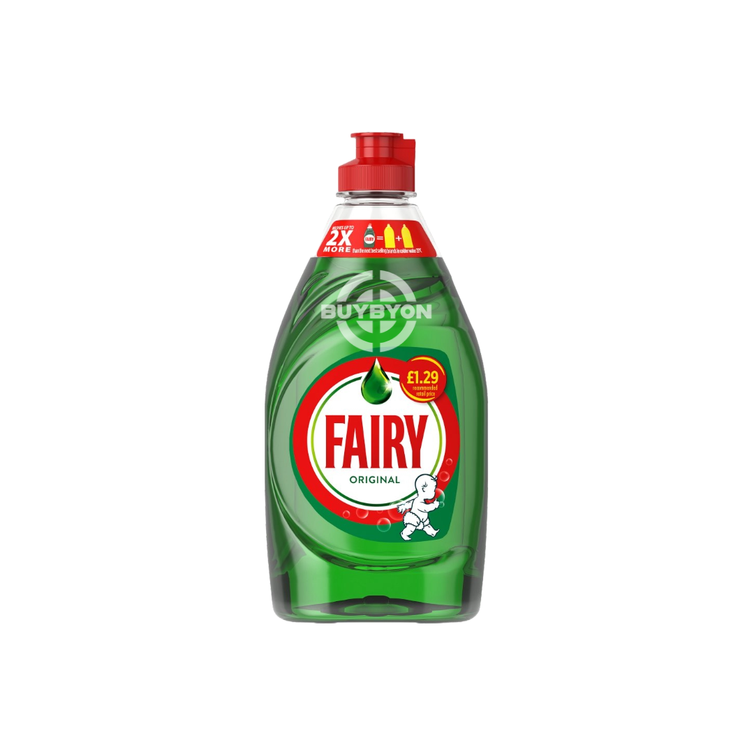 A 320ml bottle of Fairy Original Washing Up Liquid Green with LiftAction, showcasing its classic green packaging and highlighting its grease-cutting power and trusted cleaning performance.