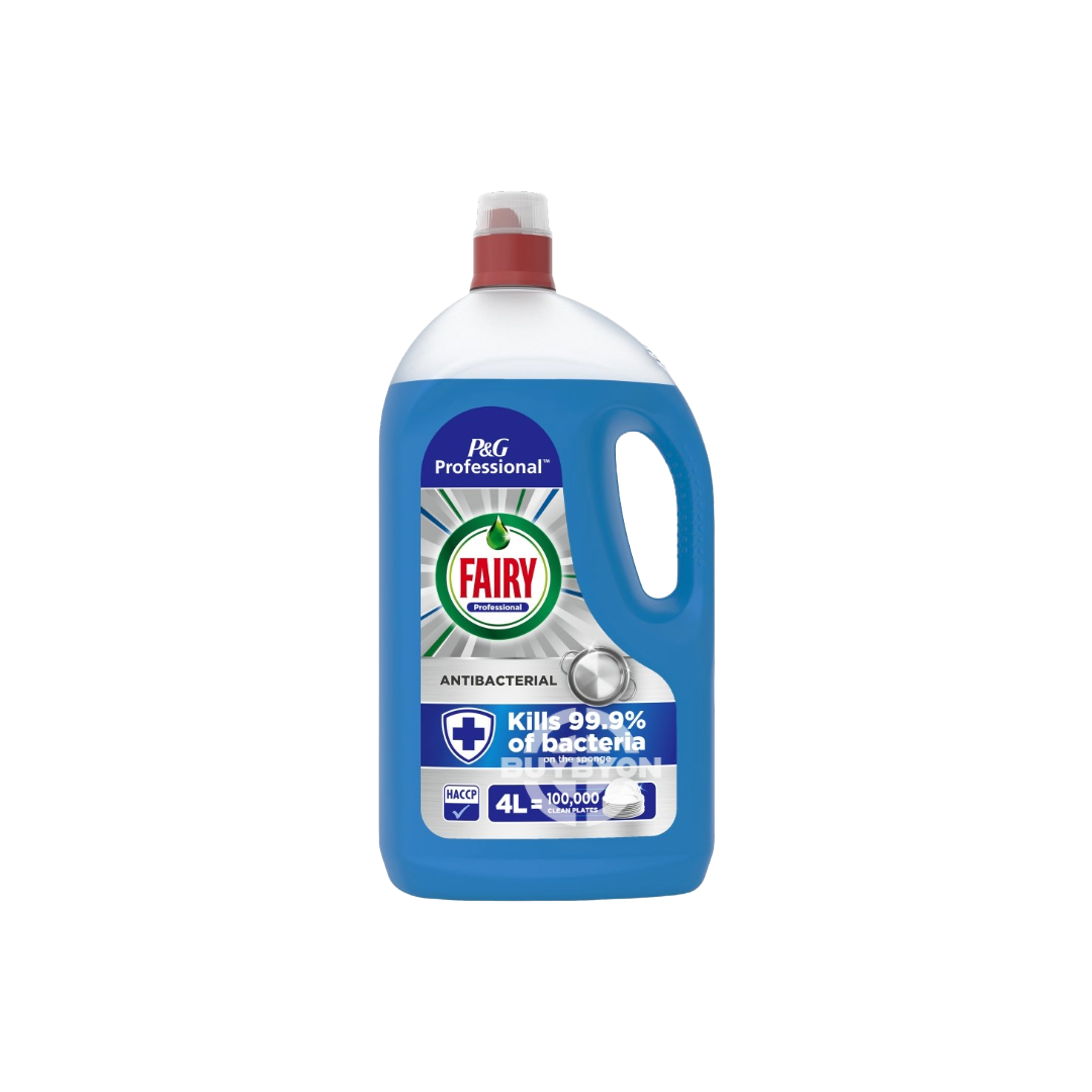 A 4L bottle of Fairy Professional Antibacterial Washing Up Liquid, showcasing its sturdy design and professional-grade packaging, highlighting its antibacterial and grease-cutting capabilities.