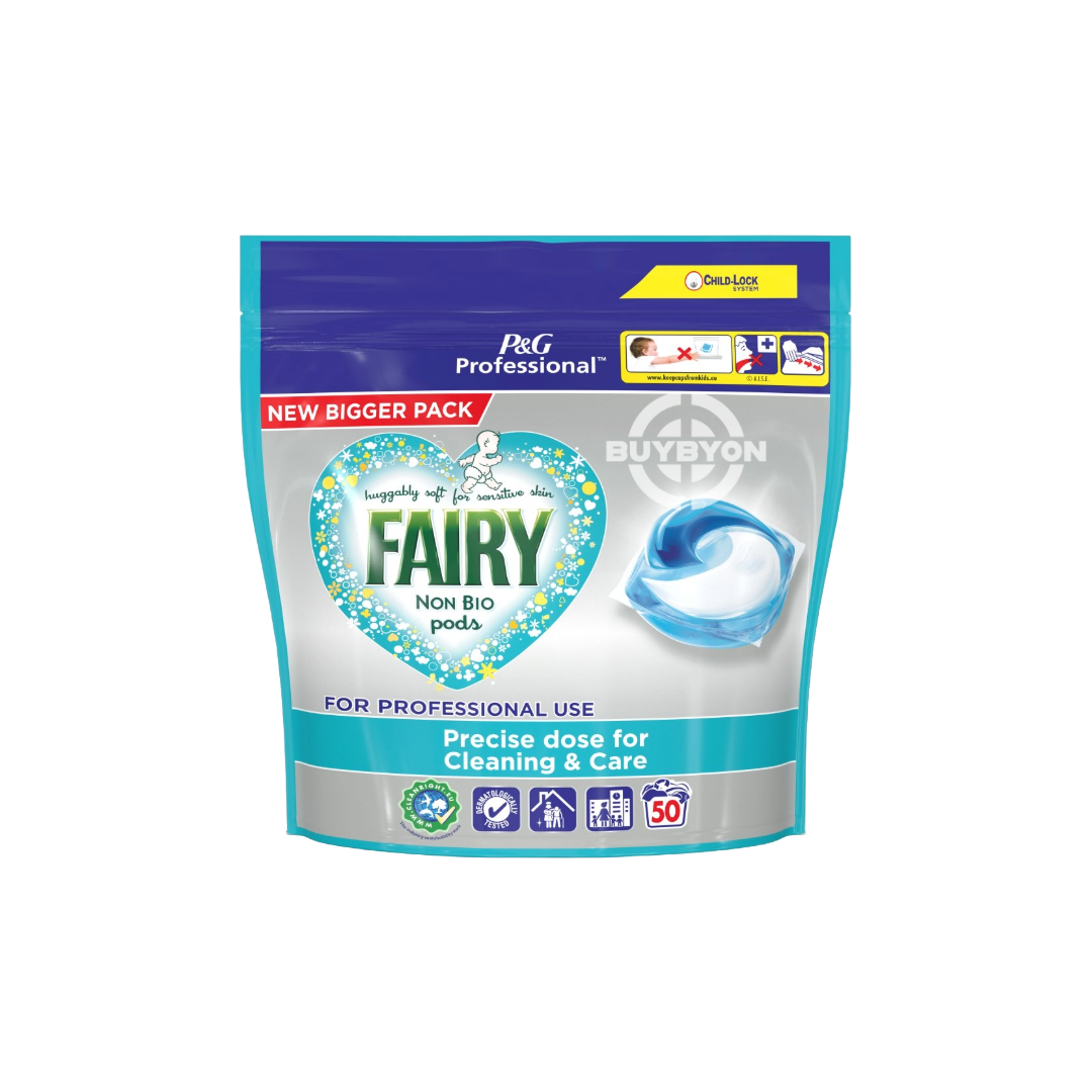 A pack of Fairy Professional Non Bio Washing Liquid Pods, showcasing its professional-grade packaging and highlighting the convenience of pre-measured pods for sensitive skin.