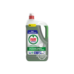 A 5L bottle of Fairy Professional Original Washing Up Liquid, showcasing its sturdy design and vibrant packaging, highlighting its powerful grease-cutting capabilities and long-lasting performance.