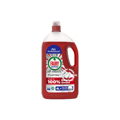 A 4L bottle of Fairy Professional Platinum Washing Up Liquid, showcasing its sturdy design and premium packaging, highlighting its powerful grease-cutting capabilities and superior cleaning performance.