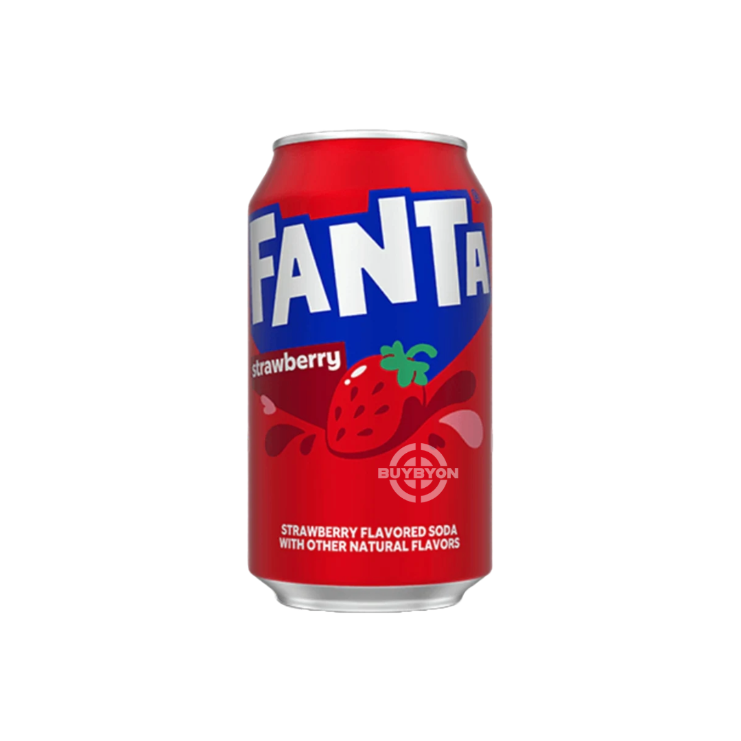 Fanta Strawberry Soda Can – 355ml featuring a juicy and sweet strawberry flavour, perfect for any occasion and ideal for all ages.