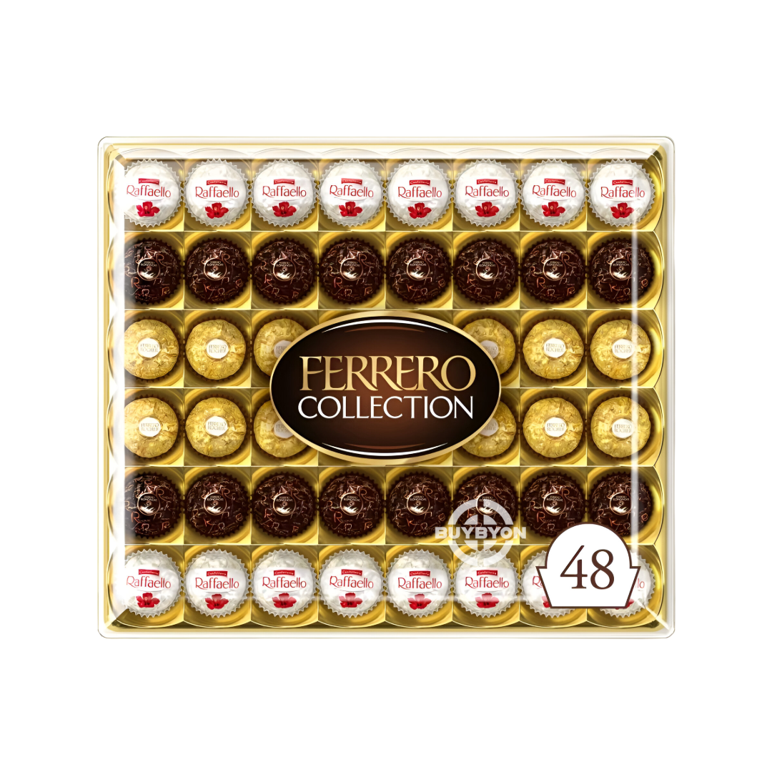 Ferrero Collection 48 Pieces Box - 518g featuring an assortment of Ferrero Rocher, Raffaello, and Ferrero Rondnoir chocolates, perfect for gifting and sharing.