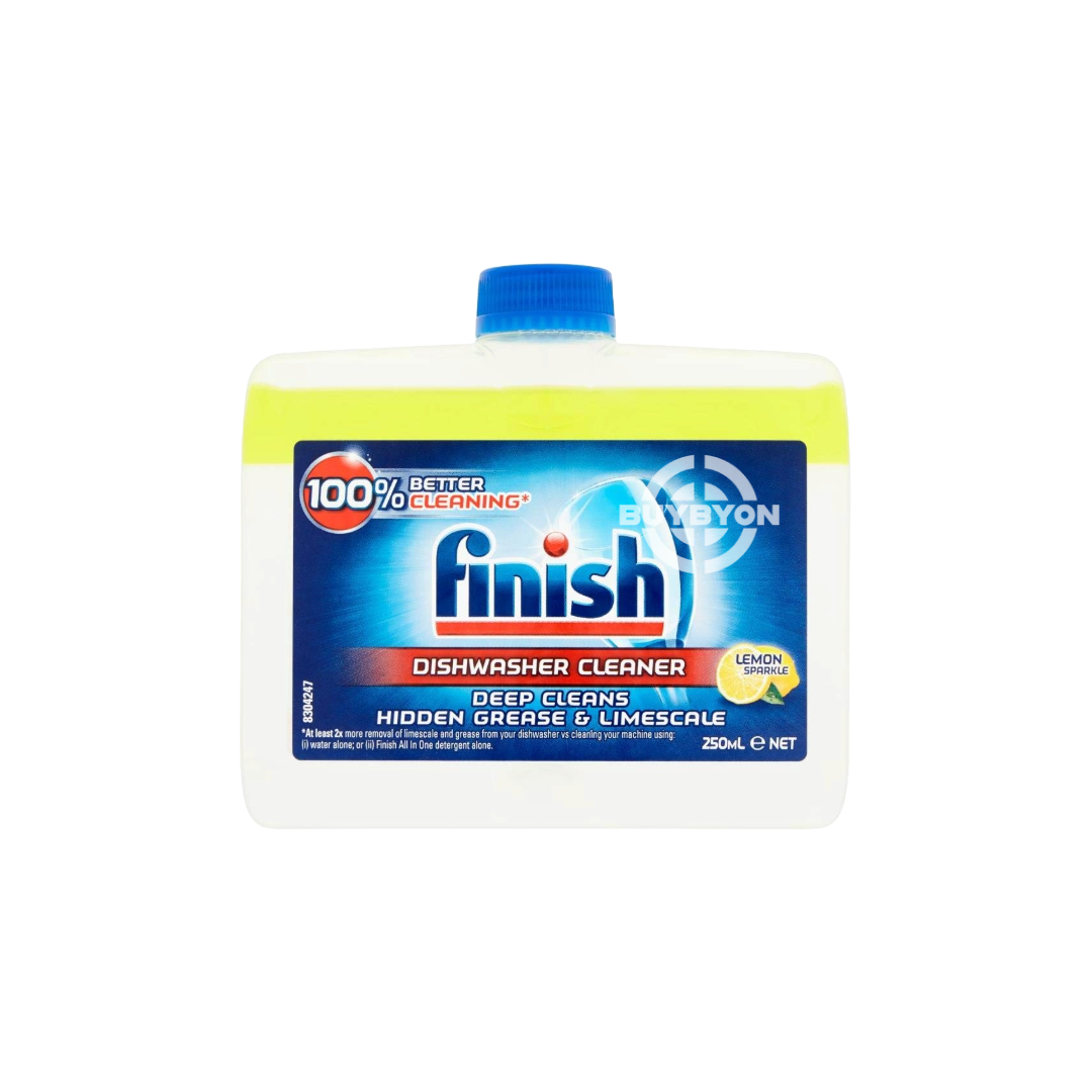 A 250ml bottle of Finish Dishwasher Cleaner Lemon, showcasing its bright yellow packaging and highlighting its grease and limescale removal capabilities.