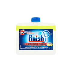 A 250ml bottle of Finish Dishwasher Cleaner Lemon, showcasing its bright yellow packaging and highlighting its grease and limescale removal capabilities.