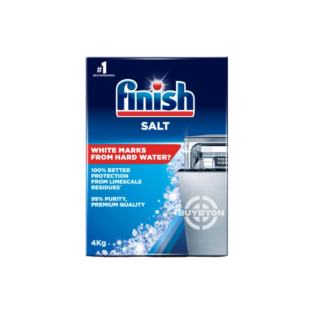 A 4kg bag of Finish Dishwasher Salt, showcasing its high-quality packaging and emphasizing its benefits for water softening and dishwasher maintenance.