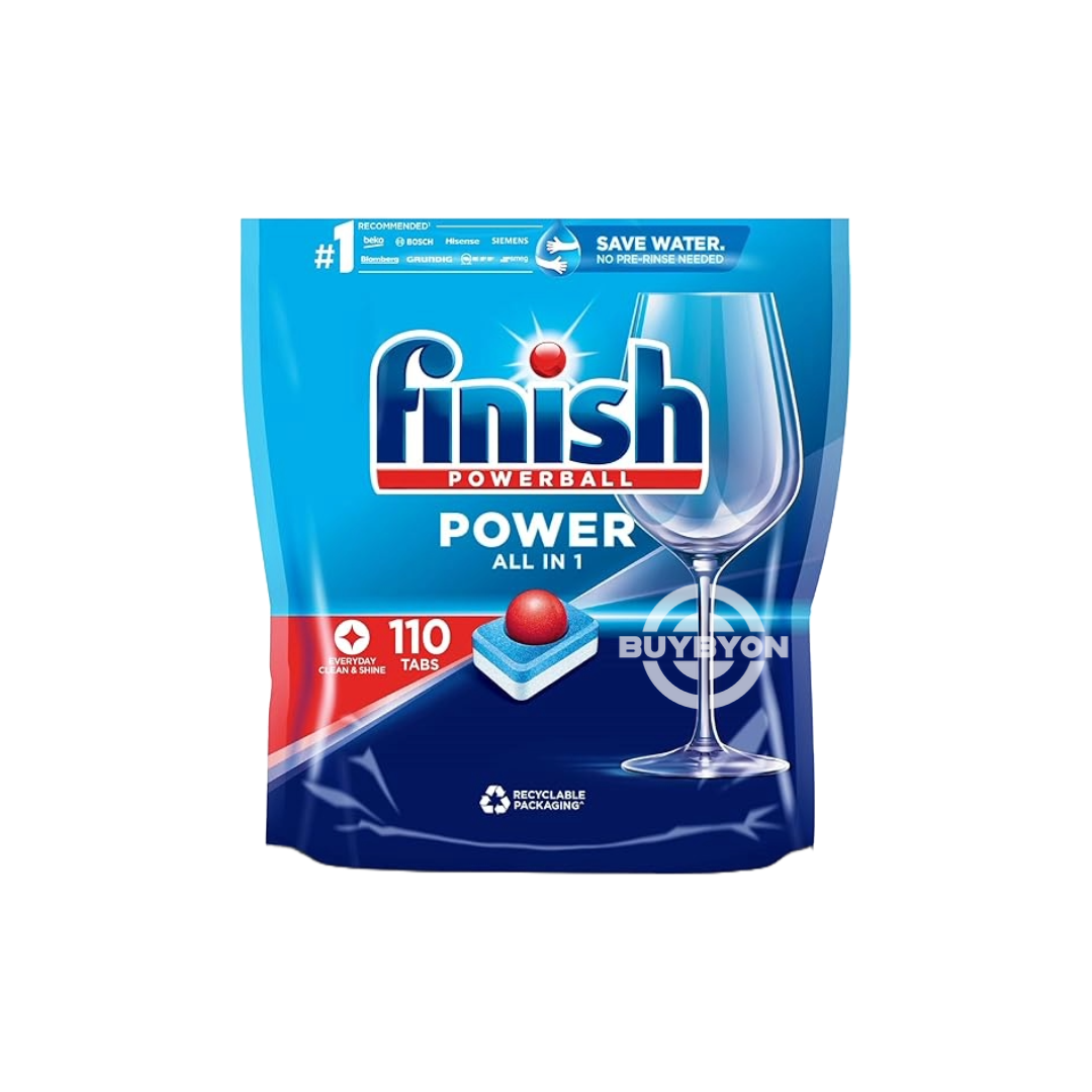 A box of Finish Power AIO Dishwasher Tablets - 110 Tabs, showcasing its packaging and highlighting its all-in-one cleaning power.