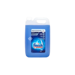 A 5L bottle of Finish Professional Rinse Aid, showcasing its professional-grade packaging and highlighting its benefits for fast drying and spot prevention.