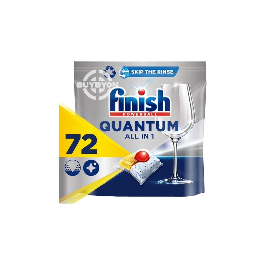 A box of Finish Quantum All in One Lemon - 72 Tabs, highlighting its packaging and emphasizing its powerful cleaning capabilities and fresh lemon scent.