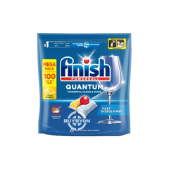 A box of Finish Quantum All in One Dishwasher Tablets Lemon - 100 Tabs, featuring its packaging and highlighting its powerful cleaning performance and fresh lemon scent.