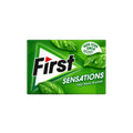 A rectangular green package of First Sensations gum with a white and green design, featuring the brand name 'First' in bold black letters and illustrations of mint leaves with water droplets.