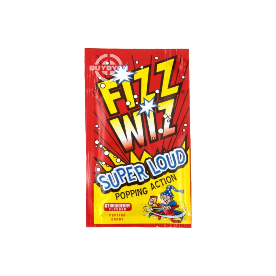 Fizz Wiz Strawberry Popping Candy featuring colorful candy that pops and fizzes with strawberry flavor, perfect for parties and sharing.