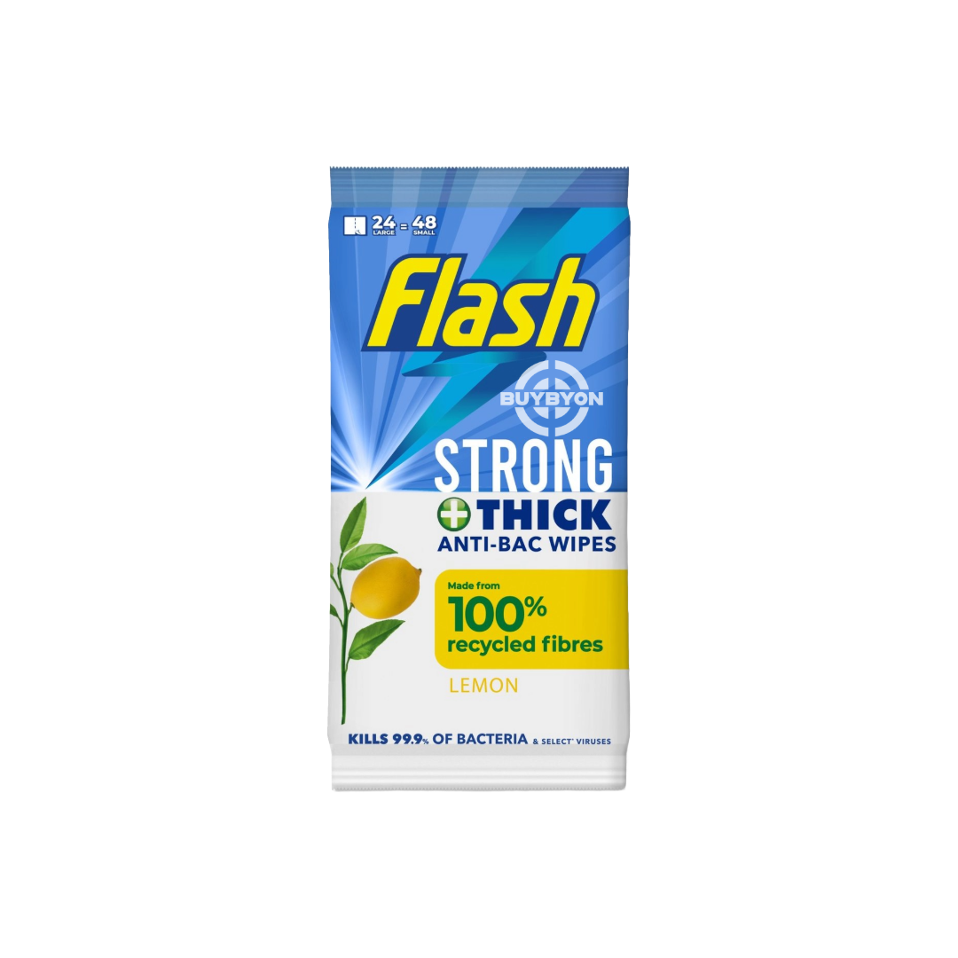 A pack of Flash Cleaning Wipes Antibacterial Lemon - 24 Count, showcasing its bright packaging and highlighting its antibacterial properties and refreshing lemon scent.