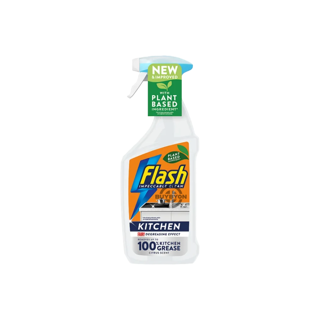 A 500ml spray bottle of Flash Kitchen Degreaser Cleaning Spray, showcasing its powerful formula for removing tough kitchen grease and grime, with vibrant packaging and a convenient spray nozzle.