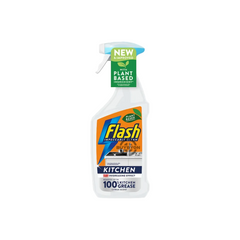 A 500ml spray bottle of Flash Kitchen Degreaser Cleaning Spray, showcasing its powerful formula for removing tough kitchen grease and grime, with vibrant packaging and a convenient spray nozzle.