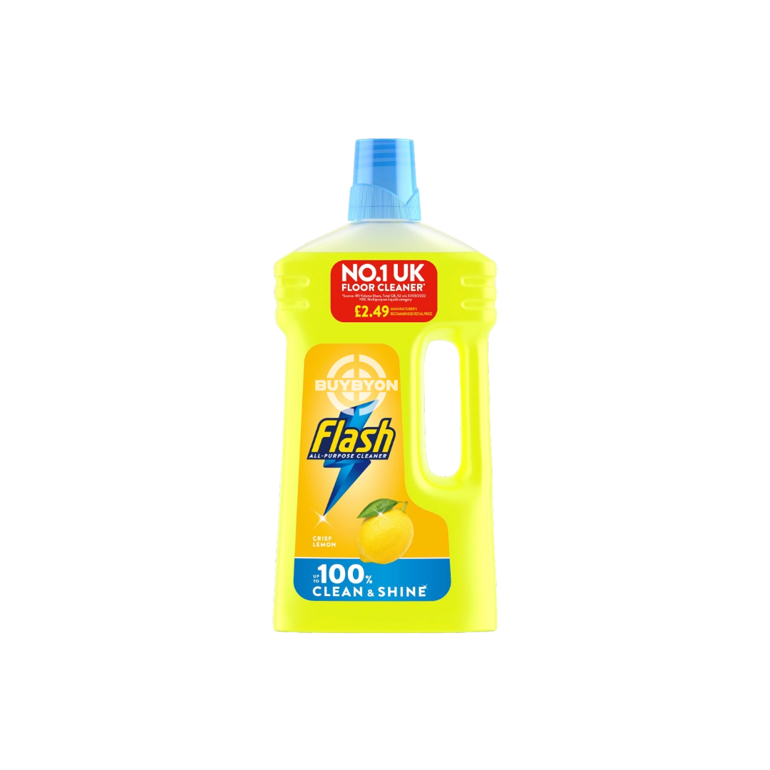 A 950ML bottle of Flash Multipurpose Floor Liquid Cleaner Crisp Lemon, featuring vibrant packaging and an easy-pour design, perfect for effective cleaning and a refreshing lemon scent.