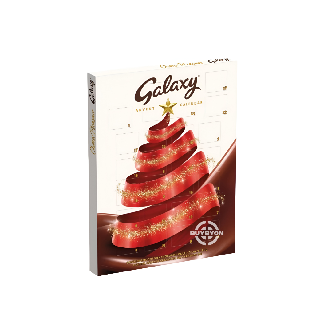 Galaxy Smooth Milk Chocolate Christmas Advent Calendar - 110g featuring a festive design with 24 doors hiding smooth milk chocolate treats.